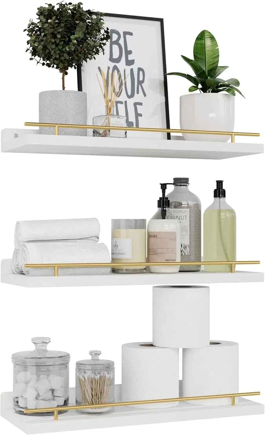 

3-Pack Floating Shelves with Gold Guardrail – White & Gold Wall Shelves for Bedroom, Bathroom, Kitchen, Plants, Pictures