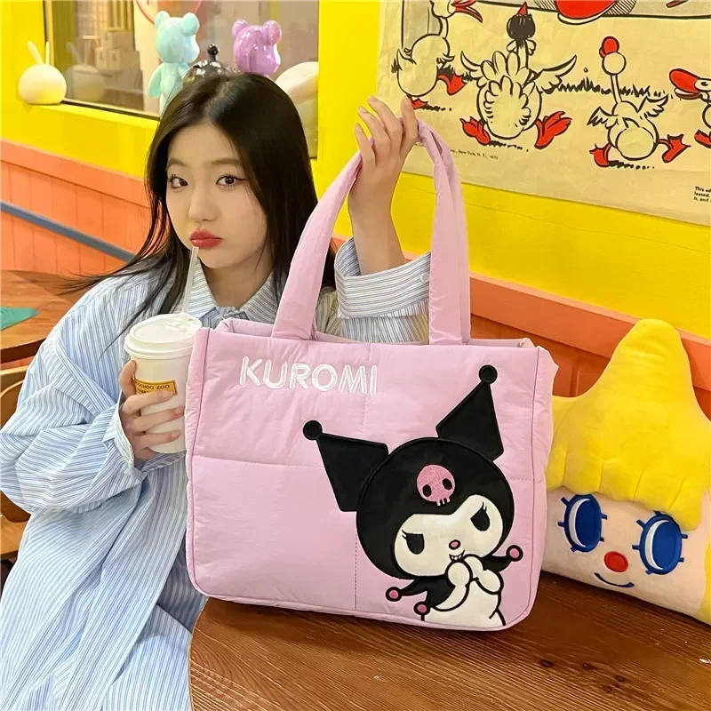 MINISO HelloKitty Handbag Kuromi Melody Cartoon Down Fabric Tote Cute Anime Cosmetics Stationery Bag Large Capacity Handbag Gift