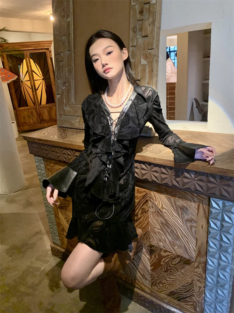 CHEERART Y2k Fashion Bandage Leather Patchwork Long Sleeve Dress Fall Clothes 2024 Women Flare Sleeve Ruffles Mini Ladies Dress