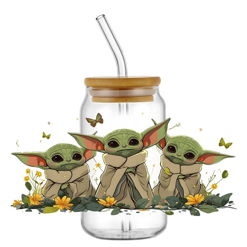 Miniso-pegatina de transferencia de dibujos animados Yoda UV DTF, Space War For The 16oz, liberbey, gafas, envolturas, botellas, taza, pegatina, bricolaje, impermeable