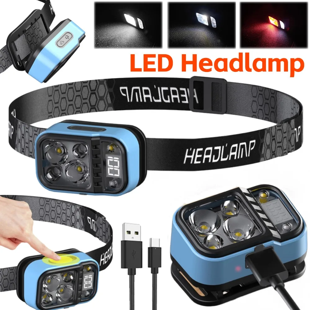 LED Hard Hat Headlight Waterproof Type-C Rechargeable Head Light Digital Power Display Torch Work Light Camping Accessories Gear