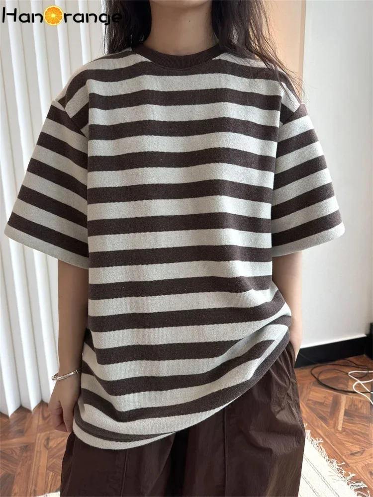 HanOrange 2025 Early Spring Retro Texture Soft Contrasting Striped Short Sleeved T-shirt Women Knitting Top Tees Brown/Green