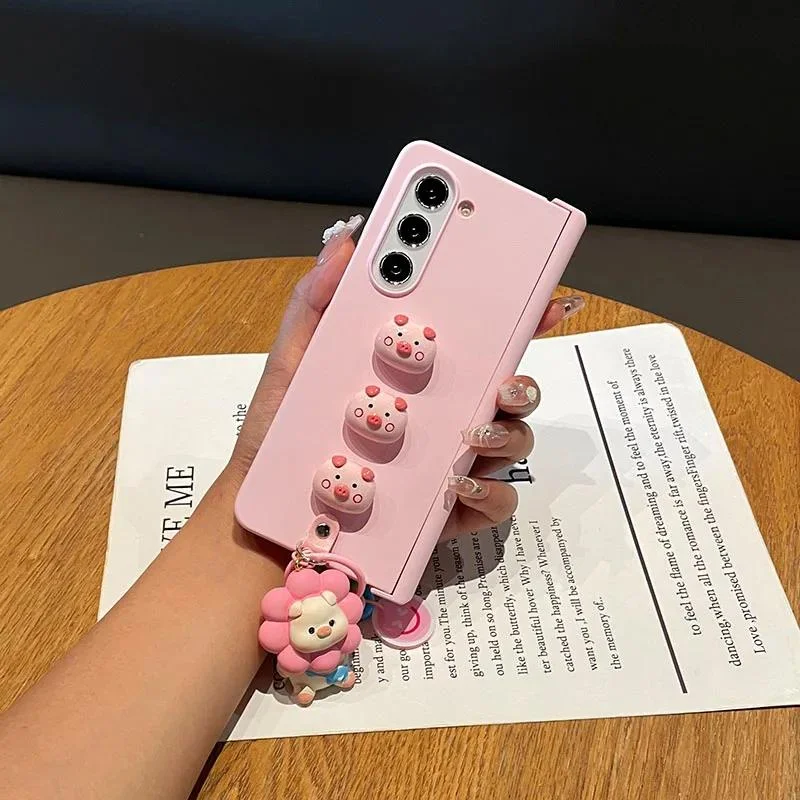 Moda FAI DA TE Carino Maiale Rosa Ciondolo Pelle Sensazione Cassa Del Telefono Per Samsung Galaxy Z Fold 6 5 4 3 zfold5 5G Protezione Completa Cerniera copertura