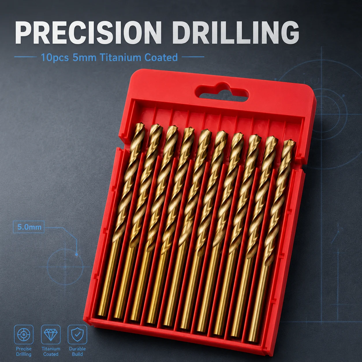 10Pcs 5mm Titanium Coated HSS Twist Drill Bit Set Metric Single Size Drill Bits with Plastic Storage Holder for Metal Wood Plast