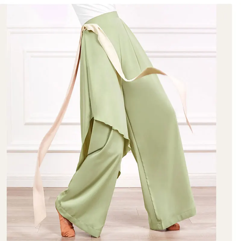 민속 무용 바지 여성 클래식 댄스 바지 여성 루즈 와이드 레그 트라우저 2겹 페어리 모던 댄스웨어 플로위 하이웨이스트 팬츠