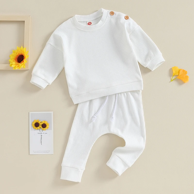 2023-09-04 Lioraitiin 0-24M Infant Baby Boys Girls Waffle Fall Outfits Solid Color Long Sleeve Sweatshirt Tops Pants Clothes Set