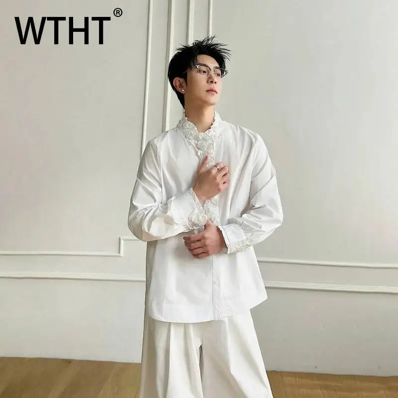 WTHT Fashion Men's Heavy Industy Beads Spliced 3D Flower Design Shirts Trendy Solid Color V-neck T-shirt Male 2026 Summer 2A3065