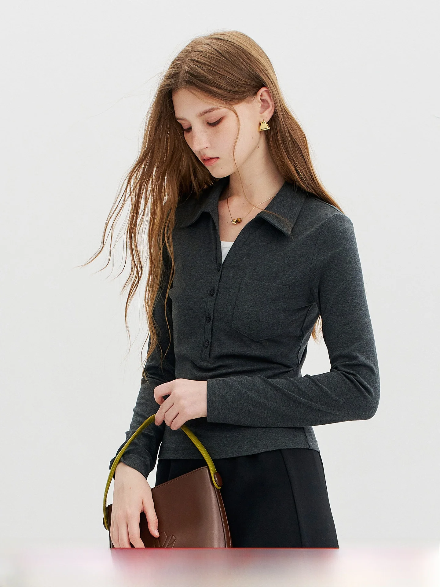 Slim Fit Knitted Long Sleeve T-Shirt Korean Style Half Open Button Front Collar Autumn Women's High Quality Basic Crew Neck Top