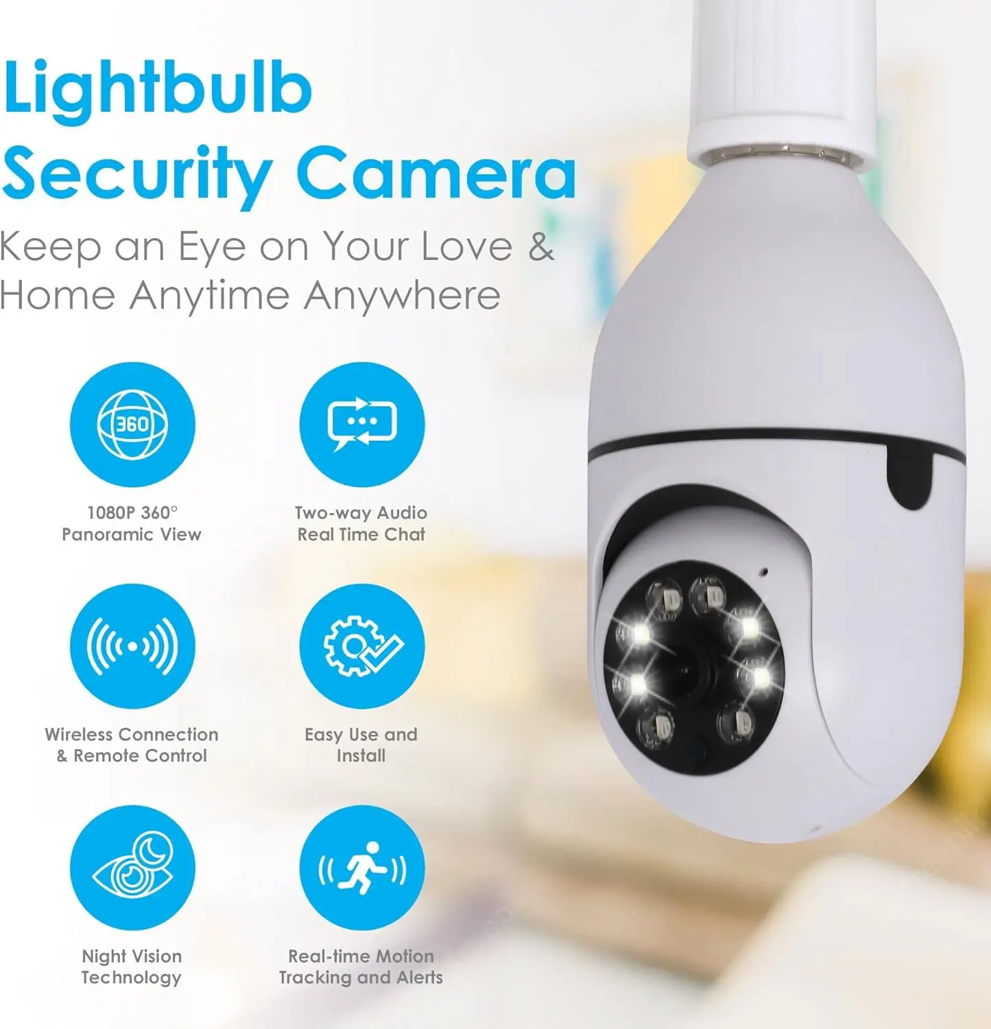 E27 Light Bulb Security Camera, Full-HD 720P 360 Degree Panoramic 2.4G Wireless WiFi Camera, with Infrared Night Vision