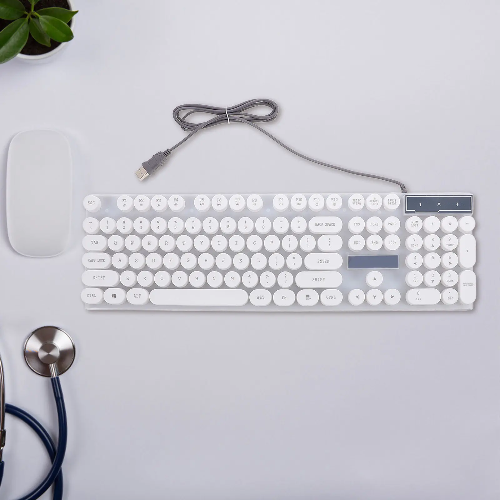 Glowing USB Keyboard Round Key Comfortable Typing Fashion Sleek Portable Keyboard for Pc Laptop Smartphone Tablet Travel White