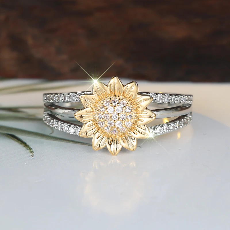 خاتم مرصع بالزركونيا المكعبة بتصميم عباد الشمس الأنيق، مناسب للحفلات والارتداء اليومي ومجوهرات الأزياء النسائية #4