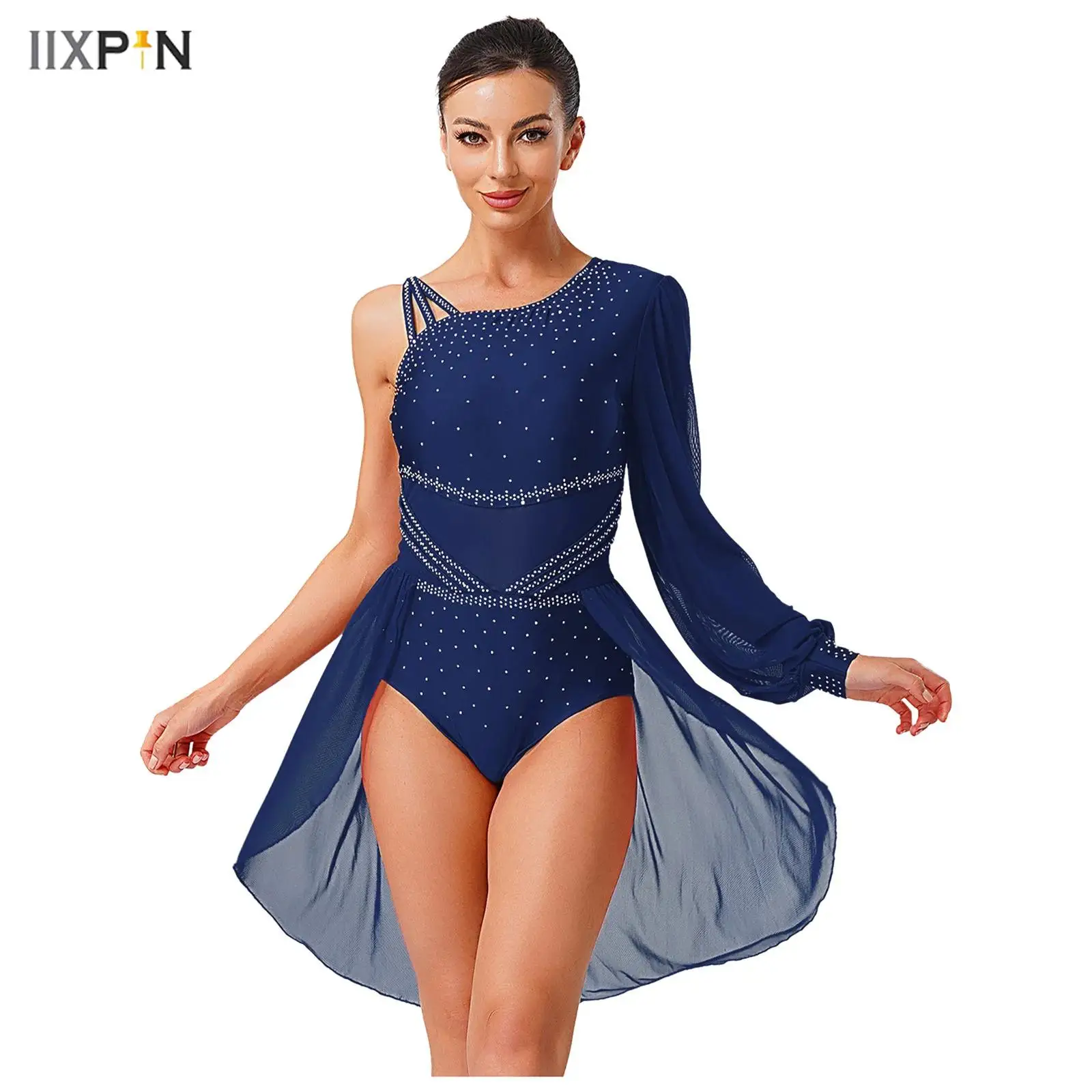 

Women Latin Lyrical Modern Dancing Dress Fashion One-shoulder Single Sleeve Shiny Rhinestone Press Button Design Rhythm Dress
