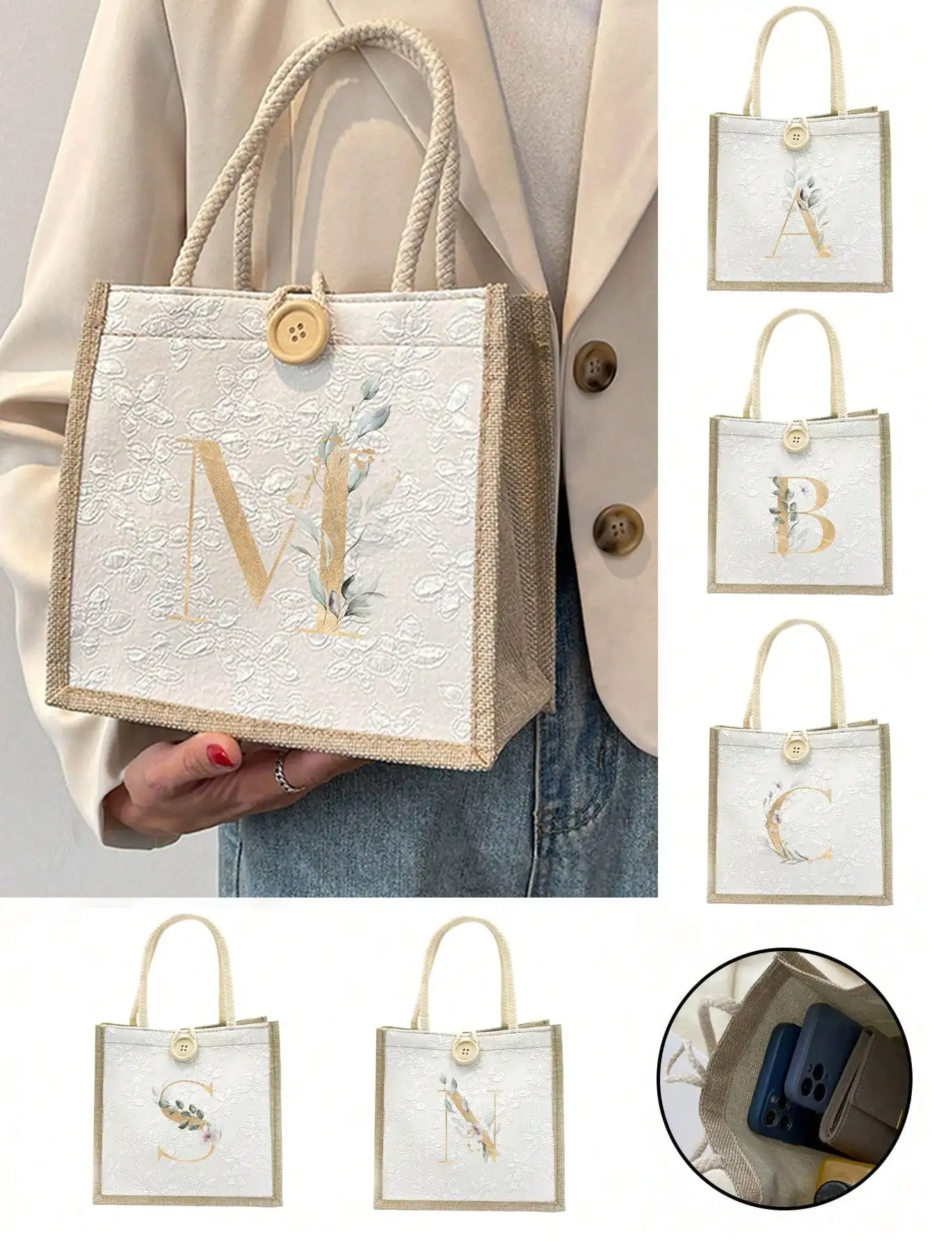

Льняная сумка-тоут с цветочным тисненым узором и инициалом из золотой фольги