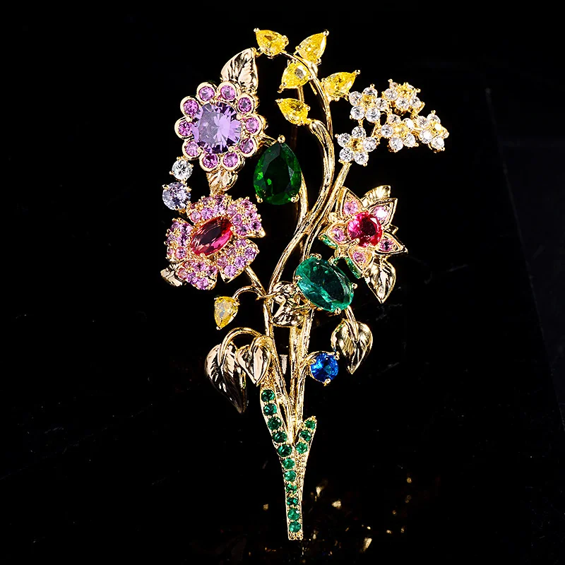 

New Elegant Colorful Flower Tree Brooches Luxury Zirconium-Inlaid Creative Female Bouquet Accessories Pin High-end Wedding Gift