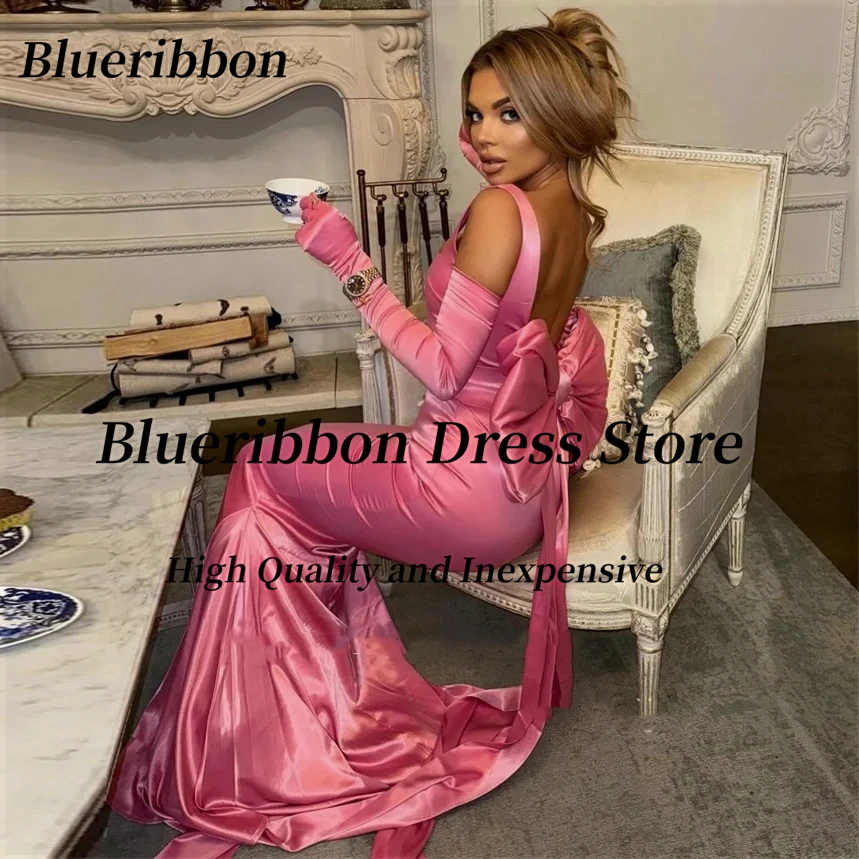 

Blueribbon Off Shoulder Long Mermaid Prom Evening Gowns Bow Sexy Backless Robe De Soiree Women Wear Bridesmaid Dress for Wedding