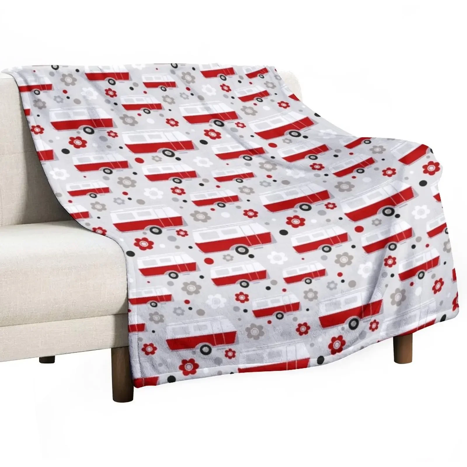 New Vintage Caravan in Red, White and Grey Throw Blanket manga Nap Blankets