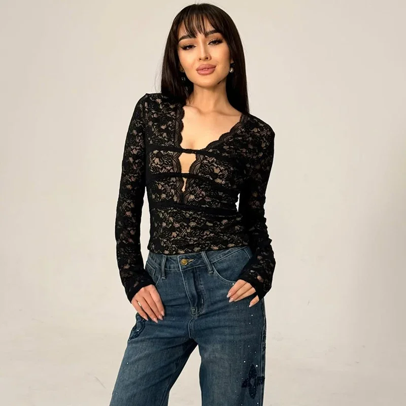 

Sexy Plunge Lace T shirt Female 2026 New Slim Long Sleeve Bottom Top Women's Spring Casual Commute T shirt Fashion Solid