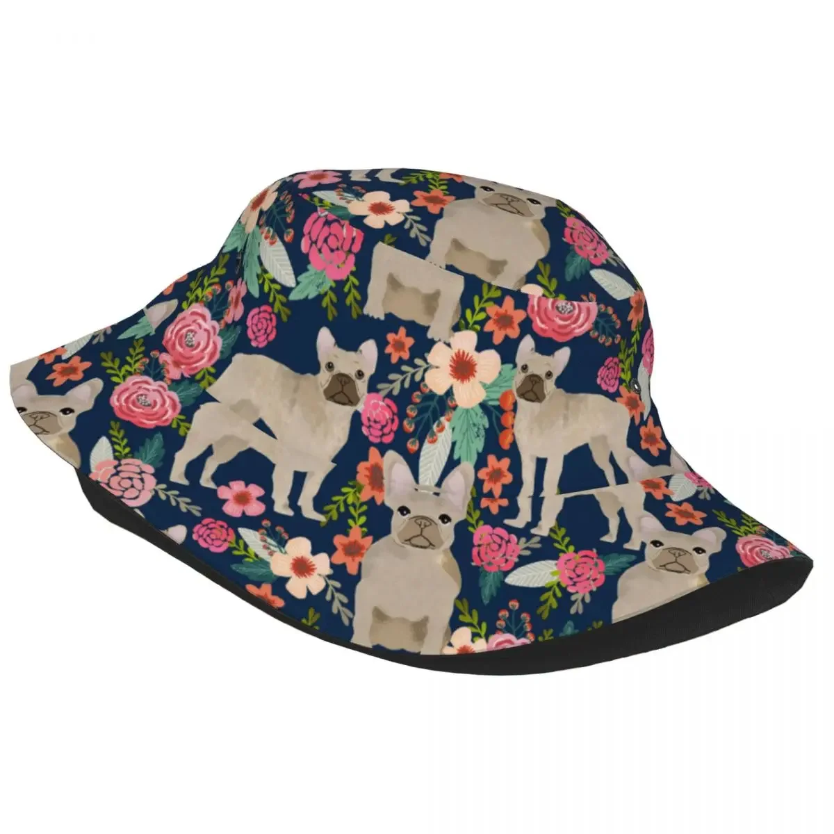 Fawn French Bulldogs Floral Dog Bucket Hat Travel Headwear Animal Fishing Cap for Camping Teen Bob Hat UV Protection