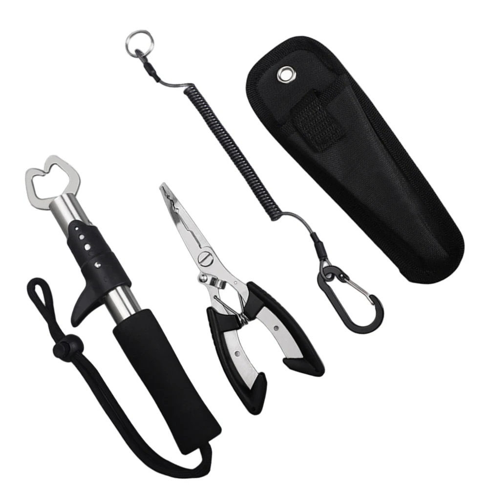 

Набор рыболовных инструментов с плоскогубцами и захватом для рыбы, безопасным спиральным чехлом и страховочным шнуром для контроля лески и крючка