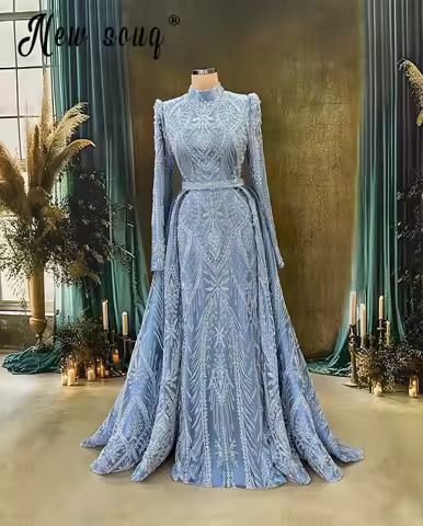 Blue Long Sleeve Evening Dress Muslim Women Formal Dress Moroccan Kaftan Long Prom Party A-line Bridal Dresses Customized
