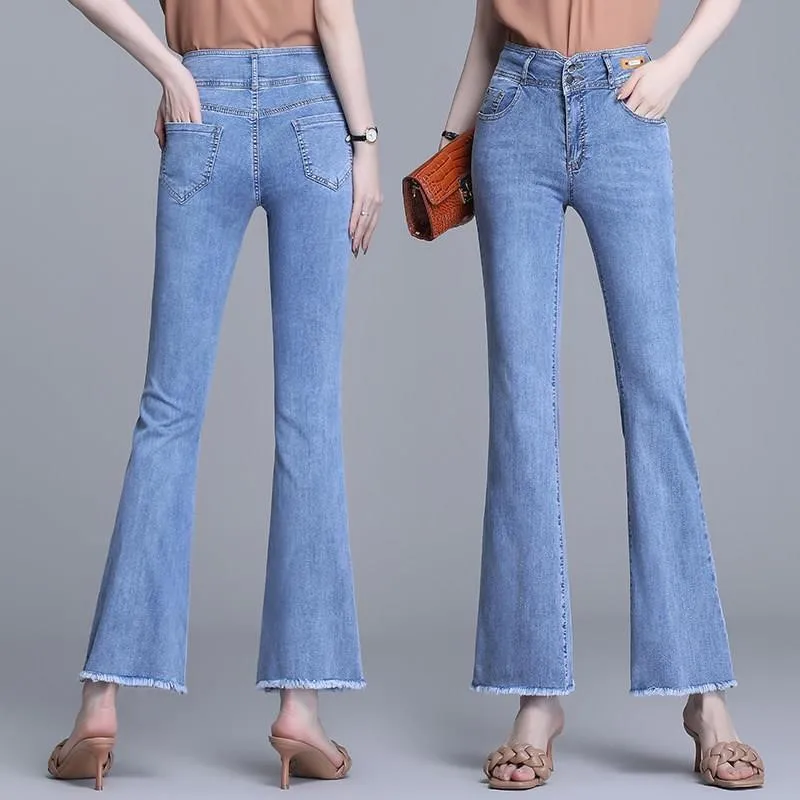 2026 New High Waist Korean Style Women\'s Jeans Casual Loose Fit Nine-Piece Frayed Hem Versatile Spring Autumn Denim Pants