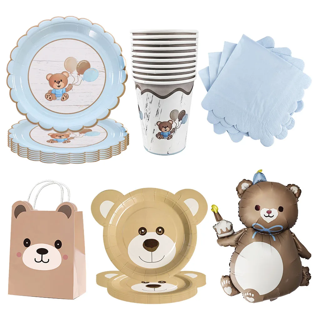 Oso de peluche marrón, platos para fiesta de Baby Shower, taza, servilleta, bolsa de regalo, globos de oso, suministros de decoración temática de oso para fiesta de cumpleaños para niños