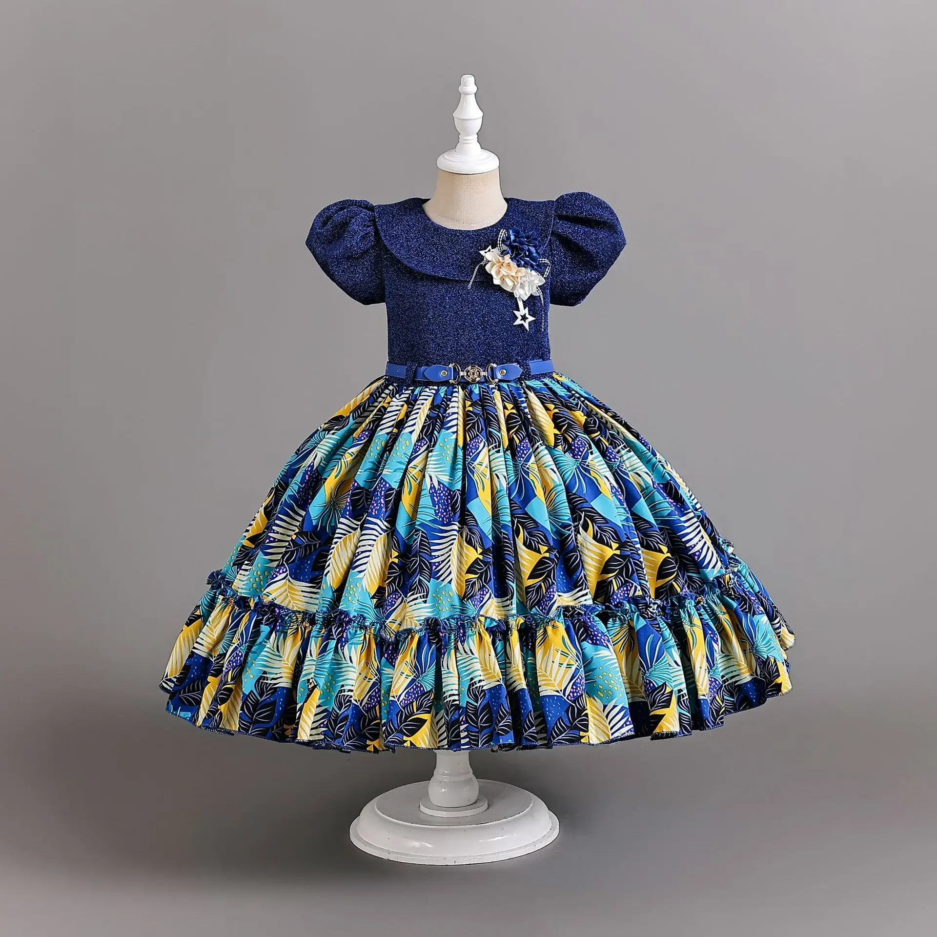 Robe florale rétro avec ceinture en cuir pour enfants, robe de soirée pour enfants, robe de Rhélégante pour bébé fille, costume pour enfants, 4-12 ans