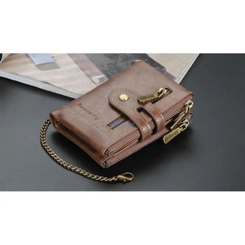 D0UD Chain Wallets for Men Rfid Blocking Genuine Leather Bifold Stylish Black Wallet