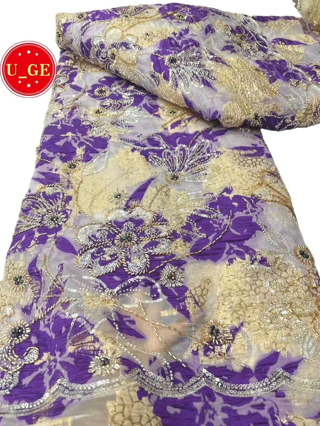 

2026 Популярная роскошная мягкая сетчатая жаккардовая кружевная ткань со сверкающими камнями - идеально подходит для свадебных платьев U_Ge9826