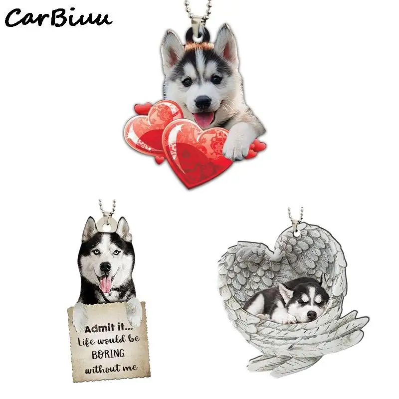 Lovely Husky Hanging Ornament Car Rearview Mirror Decoration Cute Dog Acrylic Pendant Animal Key Chain Auto Interior Decorations