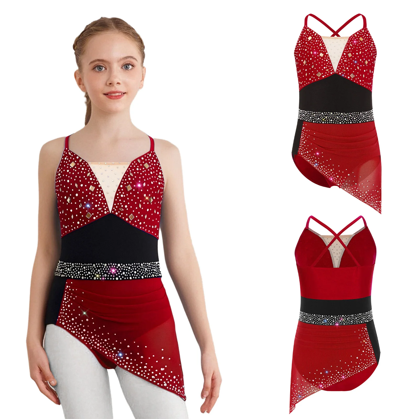 Robe de danse lyrique pour filles, Costume de spectacle artistique, patinage sur glace, gymnastique, strass scintillants, robe froncée