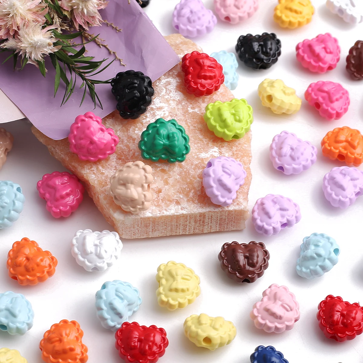 15/30pcs Random Color 16*14mm Wavy Edge Embossed Bear Heart Acrylic Loose Beads DIY Sweet Handmade Bracelet Jewelry Supplies