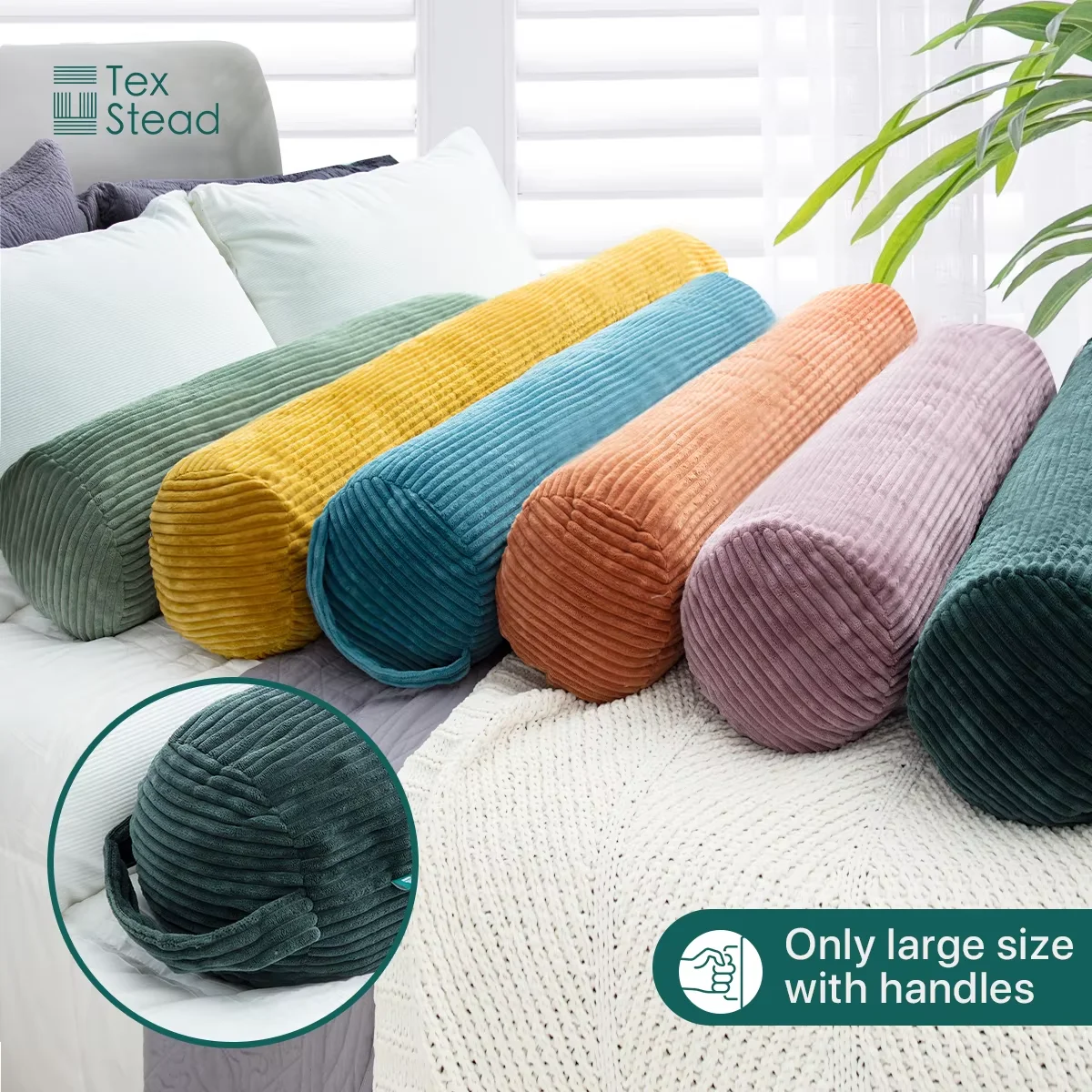 Striped Cylindrical Memory Foam Pillow, Long Body Bolster for Side Sleepers, Breathable Washable Cover, Bed Spine Support
