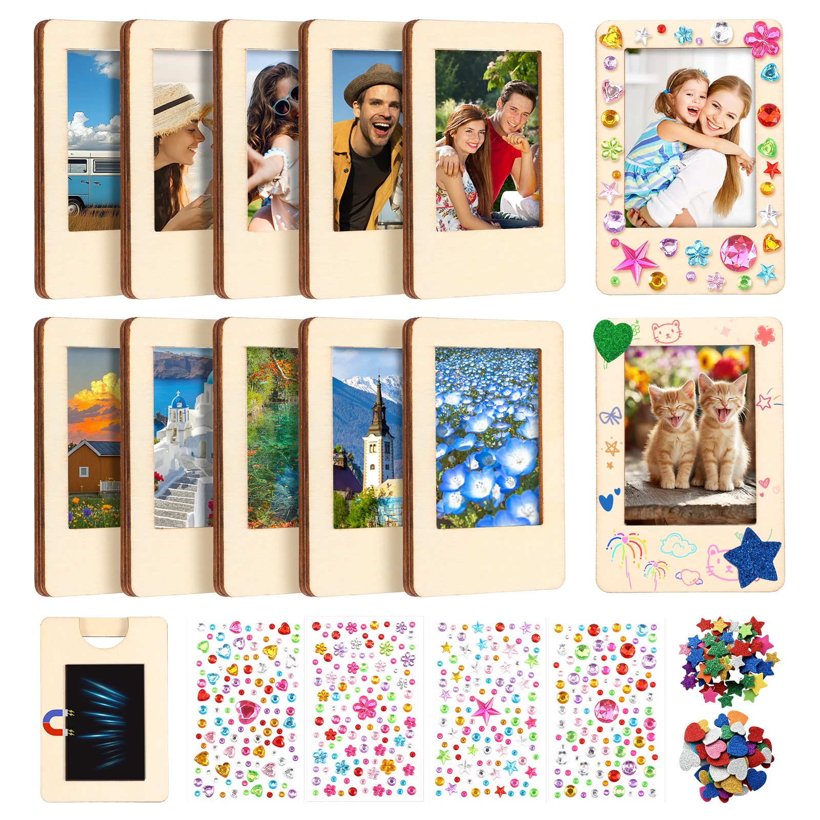 12Pcs Wooden Picture Frames DIY Handmade Contemporary Style Tabletop Display for Family Memories and Home Refrigerator Decor