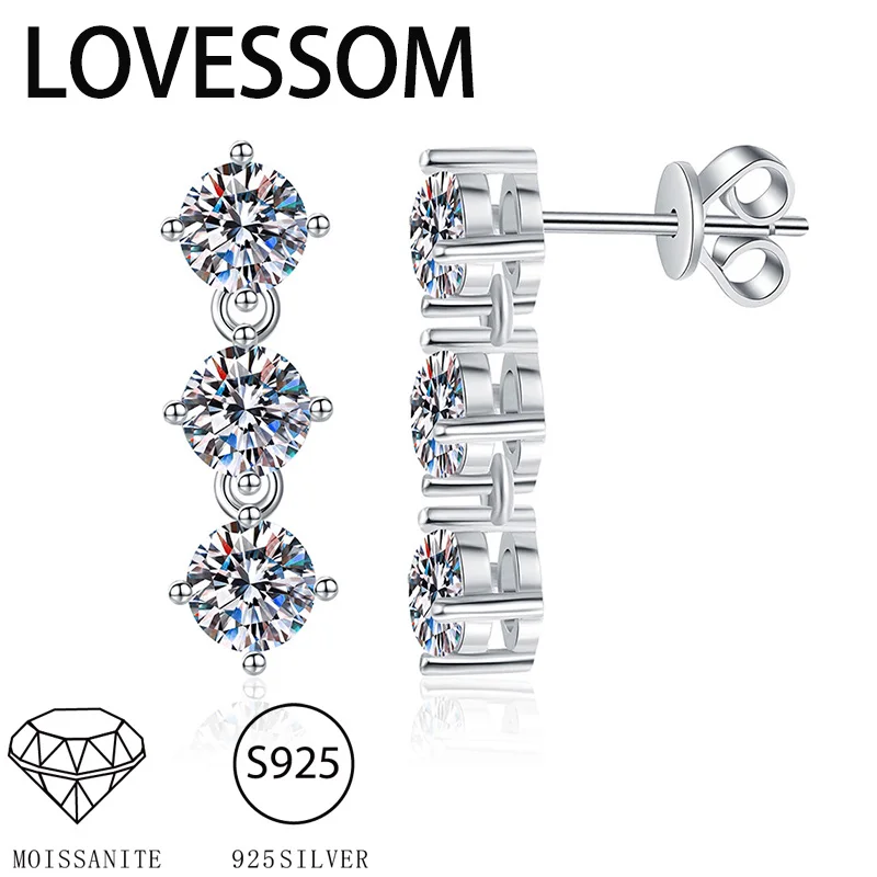 

Пара из серебра 925 пробы, 3 карата, три круглых муассанита, классические элегантные темпераментные классические универсальные серьги высокого качества