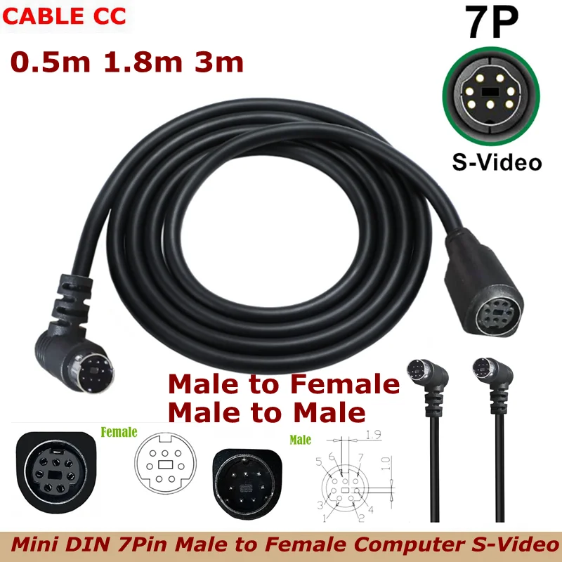 0.5m 90 Degree Elbow Mini DIN 7Pin Male Female Computer S-Video Terminal Video Cable 7-Core Mini DIN Audio And Video DVD Cable