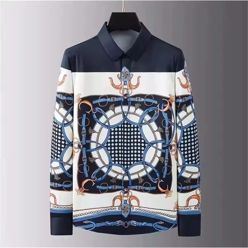 

New luxury men's long sleeved shirt with printed shirt, fashionable and casual, popular medieval retro button up collar men's lo