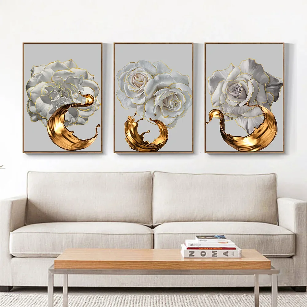 White Rose Flower Golden Ink Splash Abstract Poster Nordic Art Plant Canvas Painting Modern Wall Picture for Living Room Decor