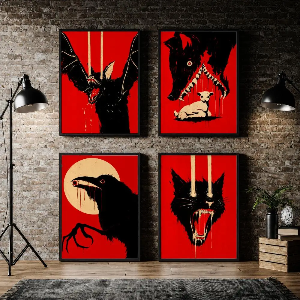 Crimson Gothic Wildlife Grunge Horror Poster Pvc HD Peel and Stick Modern poster Home Office Living Room Dining Room Wall Decor