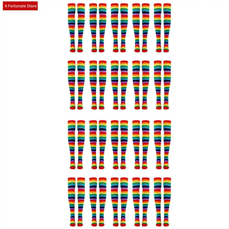 

20X Colorful Rainbow Striped Socks Over The Knee Clown Striped Costume High Stockings For Halloween Cosplay Parties-A78G