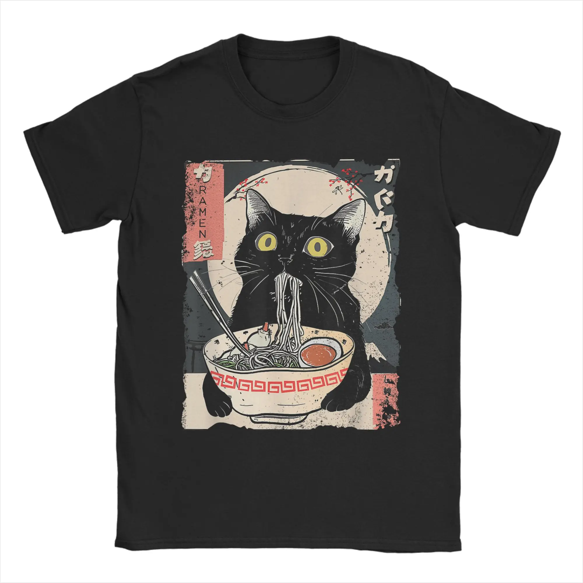

Men's T-Shirt Kawaii Cat Eating Ramen Noodles Novelty Cotton Tees Short Sleeve T Shirts Round Collar Clothing Gift Idea