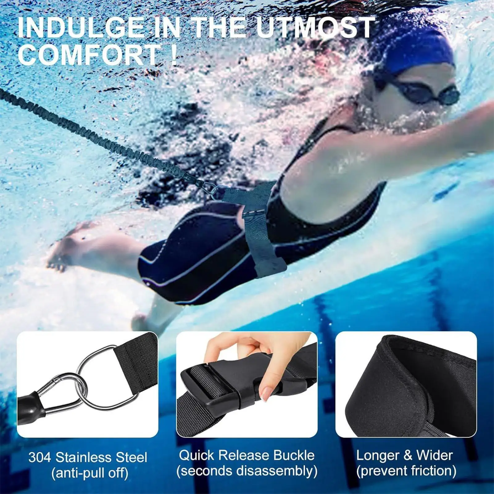 Safe Swim Practice Tether for Beginners, Adjustable Floating Belt with Resistance, 2.5-7.5M Length for Adults to Learn & Train