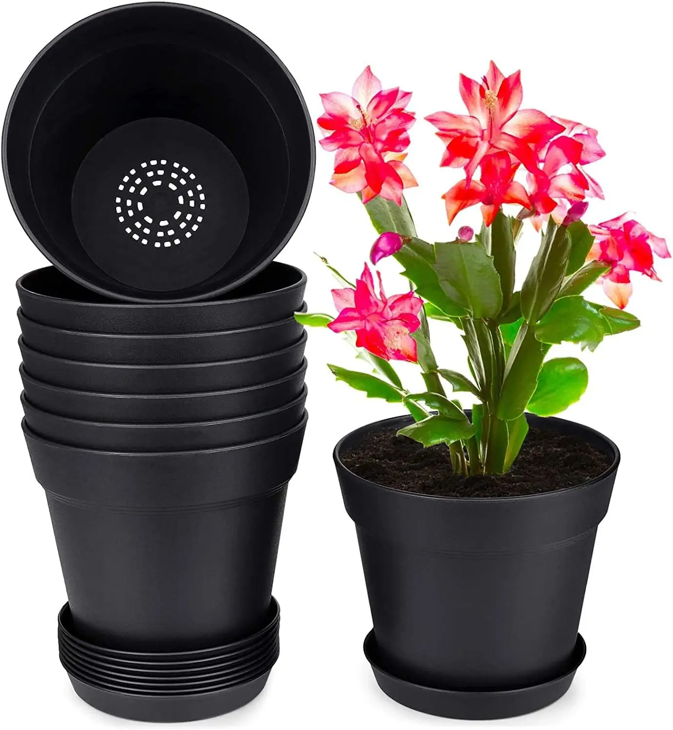 

8 Pack 7.5 Inch Plastic Plant Pots with Drainage Holes and Trays Matte Black for Indoor Garden Flowers and Succulents