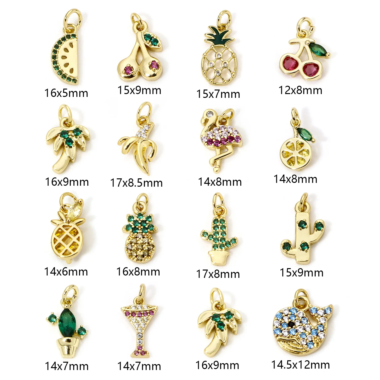 1pc New Brass Charms Gold Color Fruit Cherry Pineapple Tree Multicolor Micro Pave Rhinestone Pendant DIY Necklace Women Jewelry