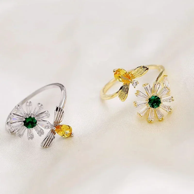 2026 Cute Flower and Honey Bee Opening Rings for Women Silver Color/Gold Color Colored Cubic Zirconia Fashionable Girl Jewelry - view 2