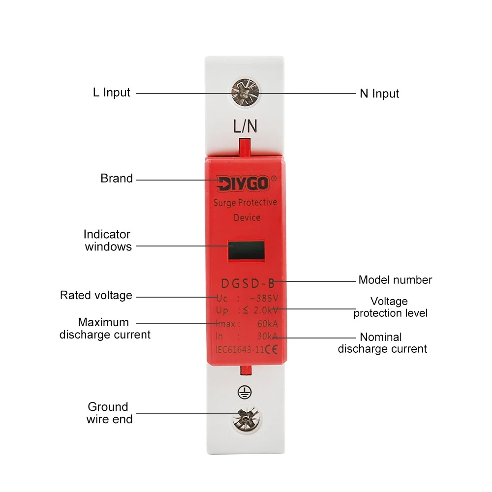 Din Rail 1P + N AC SPD حماية من البرق 10-20/20-40/30-60KA 385V حامي عرام المنزل جهاز صواعق الجهد المنخفض