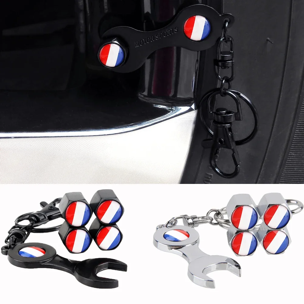 4PCS France Flag Car Wheel Tire Valve Caps Tyre Stem Covers with Wrench for BMW Mercedes Renault Citroen Subaru Cadillac Honda