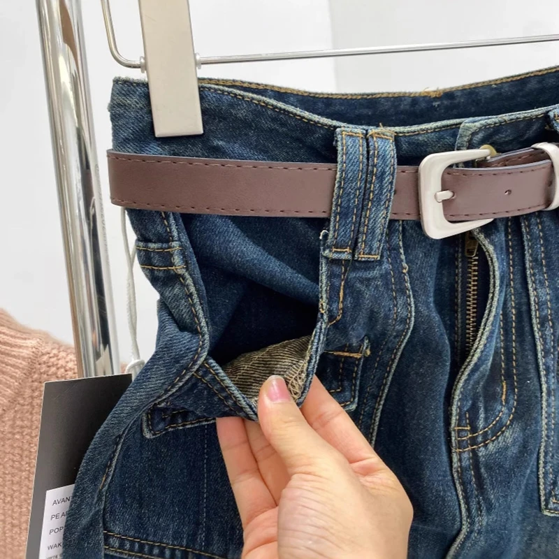 Vrouwen Dubbele Zakken Denim Rokken Herfst Vintage Mode Hoge Taille Rechte Pijpen A-lijn Halve Rokken All-Match Vrouwelijke Kleding