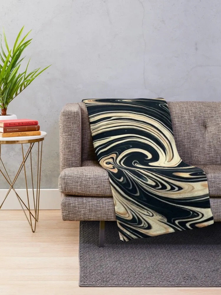 Retro Liquid Swirl Abstract Pattern in Black and Almond Cream Throw Blanket Luxury for winter Polar Blankets