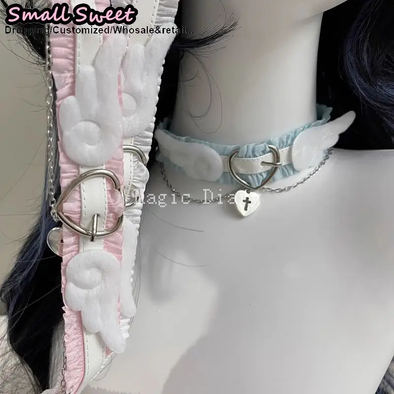 Women Sweet Ruffled Choker with Plush Angel Wings & Heart Cross Collar Subculture Gothic Y2K Girl Lolita Accessory Necklaces